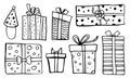 Set of stylized different gift boxes. Hand drawn cartoon vector black sketch illustration Royalty Free Stock Photo